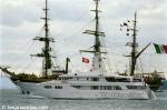 ID 2005 VAVA - the 50-metre superyacht owned by Swiss pharmaceutical billionaire Ernesto Bertarelli, passing the Italian Navy's cadet training ship AMERIGO VESPUCCI (1931), Auckland, New Zealand. Both were in...